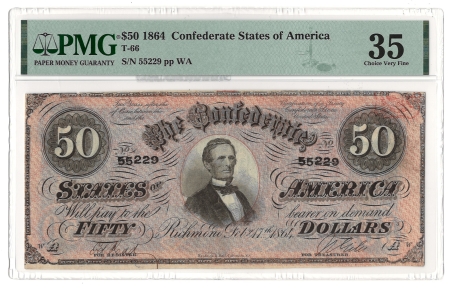 Confederate Notes 1864 $50 CONFEDERATE STATES OF AMERICA T-66, pp WA, PMG CHOICE VERY FINE-35!