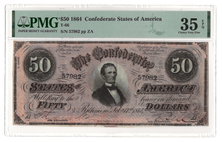 Confederate Notes 1864 $50 CONFEDERATE STATES OF AMERICA T-66, pp ZA, PMG CHOICE VERY FINE-35 EPQ!