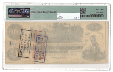 Confederate Notes 1862 $100 CONFEDERATE STATES OF AMERICA T-39, pp AE, PMG ABOUT UNC-53 EPQ!