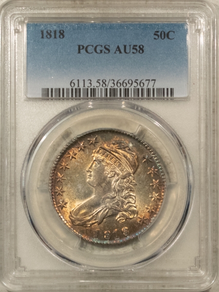 Early Halves 1818 CAPPED BUST HALF DOLLAR PCGS AU-58, GORGEOUS!