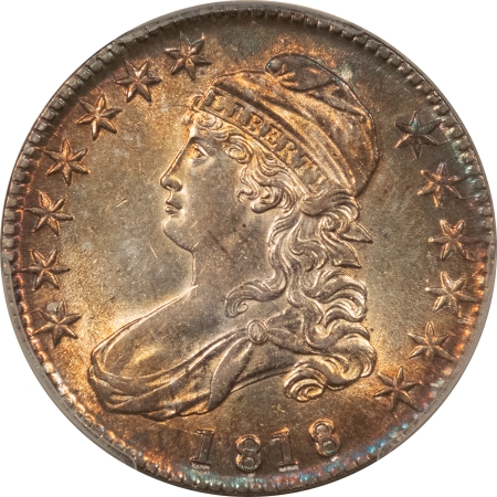 Early Halves 1818 CAPPED BUST HALF DOLLAR PCGS AU-58, GORGEOUS!