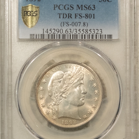 Barber Halves 1892 BARBER HALF DOLLAR – TDR FS-801 PCGS MS-63, RARE POP 2 & ONLY 2 FINER!