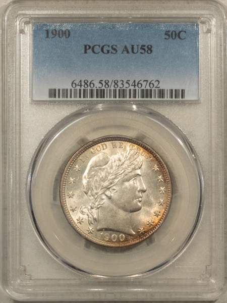 Barber Halves 1900 BARBER HALF DOLLAR – PCGS AU-58, LOOKS 62! PREMIUM QUALITY!