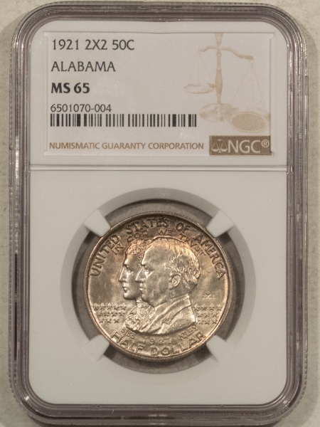 New Certified Coins 1921 2×2 ALABAMA COMMEMORATIVE HALF DOLLAR – NGC MS-65, PRETTY GEM!