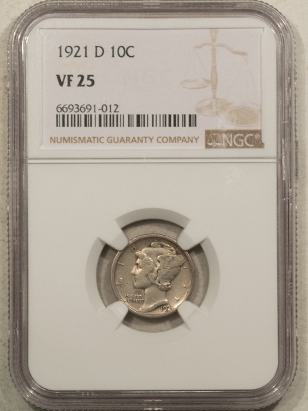 Mercury Dimes 1921-D MERCURY DIME – NGC VF-25, NICE KEY-DATE!