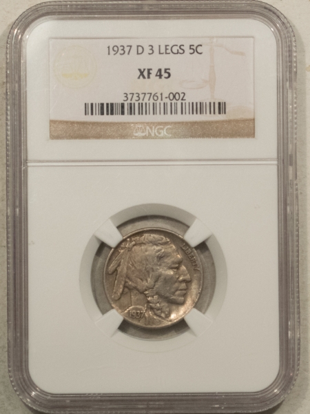 Buffalo Nickels 1937-D 3 LEGS BUFFALO NICKEL – NGC XF-45, NICE KEY-DATE!