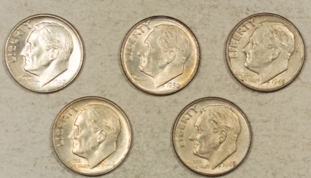 Roosevelt Dimes 1947 1948 1949 1949-D 1950-D ROOSEVELT DIMES, LOT/5 – BETTER DATES, AU-UNC!