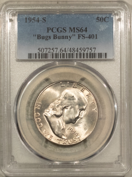 Franklin Halves 1954-S FRANKLIN HALF DOLLAR, “BUGS BUNNY” FS-401 – PCGS MS-64, TOUGH VARIETY!