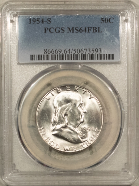 Franklin Halves 1954-S FRANKLIN HALF DOLLAR – PCGS MS-64 FBL, BLAST WHITE! PREMIUM QUALITY!