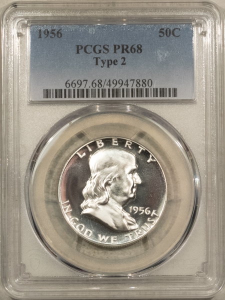 Franklin Halves 1956 PROOF FRANKLIN HALF DOLLAR TY 2 – PCGS PR-68, LOOKS CAMEO, PREMIUM QUALITY!