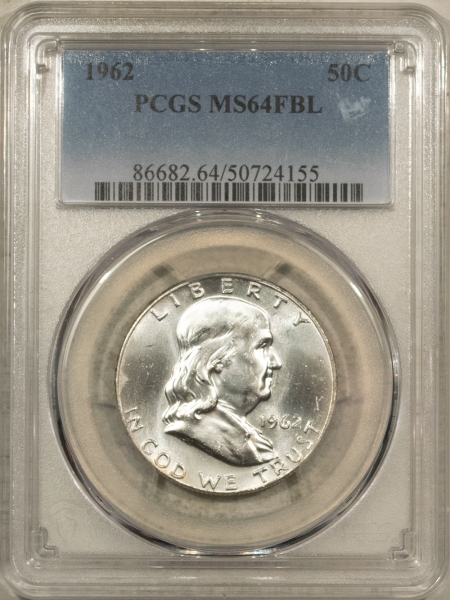 Franklin Halves 1962 FRANKLIN HALF DOLLAR – PCGS MS-64 FBL, BLAST WHITE!