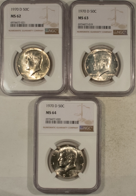 Kennedy Halves 1970-D KENNDY SILVER HALF DOLLAR, 3 COIN GRADING SET – NGC MS-62/63/64, 3 PIECES