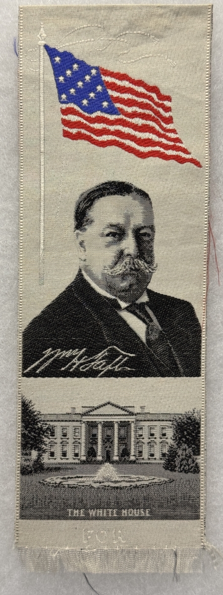 Political 1908 W. H. TAFT EMBROIDERED 2 1/4″ x 6 1/4″ RIBBON, WHITE HOUSE, GRAPHIC & MINT