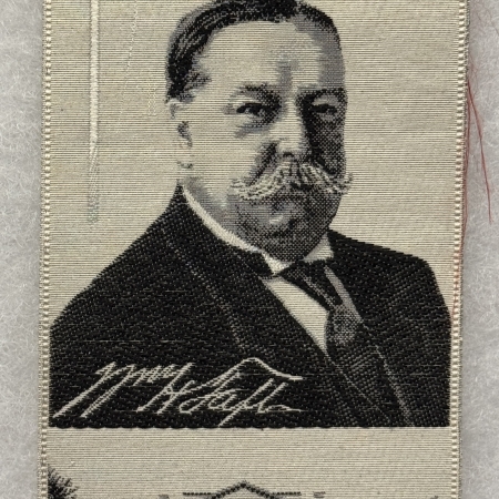 Political 1908 W. H. TAFT EMBROIDERED 2 1/4″ x 6 1/4″ RIBBON, WHITE HOUSE, GRAPHIC & MINT
