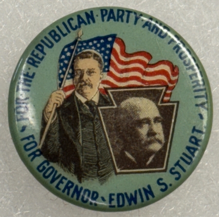 Political 1906 TEDDY ROOSEVELY EDWIN STUART 7/8″ CAMPAIGN BUTTON CLASSIC PA. COATTAIL MINT