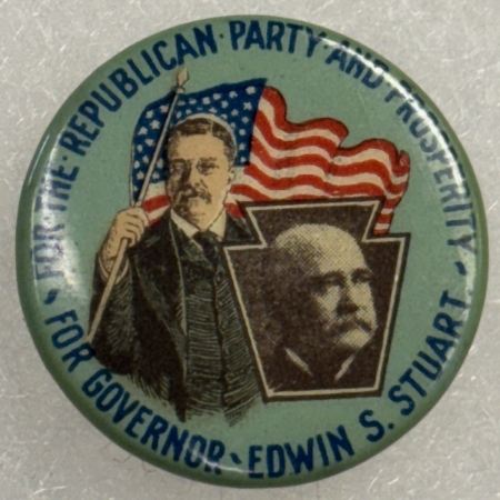 Political 1906 TEDDY ROOSEVELY EDWIN STUART 7/8″ CAMPAIGN BUTTON CLASSIC PA. COATTAIL MINT