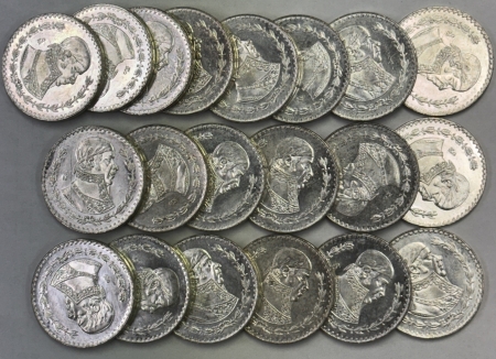 New Store Items 1965 MEXICO 10% SILVER 1 PESOS, 20 COIN ROLL, KM#489, FLASHY UNCIRCULATED ROLL!