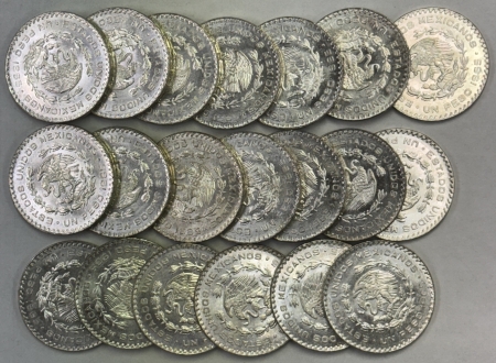 New Store Items 1965 MEXICO 10% SILVER 1 PESOS, 20 COIN ROLL, KM#489, FLASHY UNCIRCULATED ROLL!
