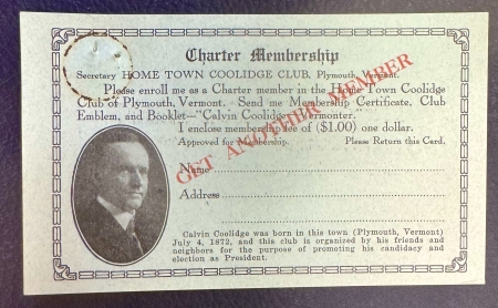Political 1924 CALVIN COOLIDGE HOMETOWN PLYMOUTH, VT CAMPAIGN BUTTON/MEMBERSHIP CARD-MINT!
