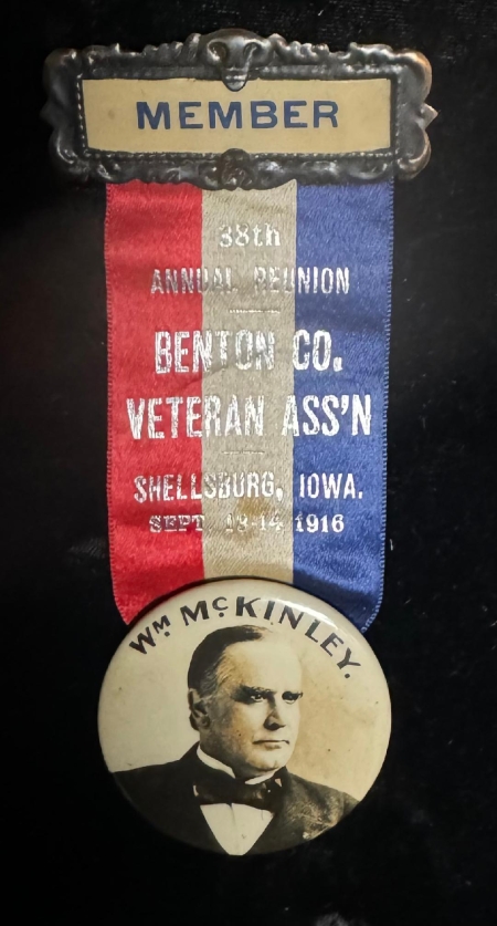 Political 1916 IOWA VETERAN’S ASSOCIATION RIBBON-BADGE W/ 1 3/4″ McKINLEY CELLULOID-MINT!