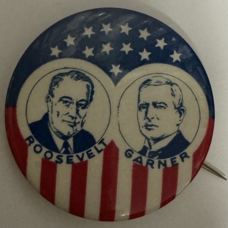 Political 1932 ROOSEVELT-GARNER 1 3/4″ R/W/B JUGATE CELLULOID CAMPAIGN BUTTON-“DEAD MINT”!