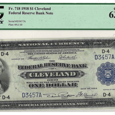 U.S. Currency 1918 $1 FRBN CLEVELAND, FR#718 – PCGS 63 PPQ – CHOICE NEW!