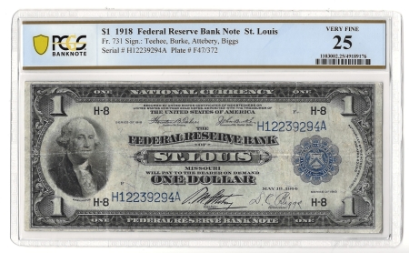 Large Federal Reserve Notes 1918 $1 FRBN ST LOUIS, FR#731 – PCGS 25 – VERY FINE!