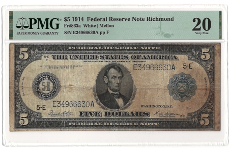 Large Federal Reserve Notes 1914 $5 FEDERAL RESERVE NOTE, RICHMOND, FR#863a – PMG 20 VERY FINE, STAINED