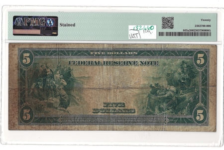 Large Federal Reserve Notes 1914 $5 FEDERAL RESERVE NOTE, RICHMOND, FR#863a – PMG 20 VERY FINE, STAINED