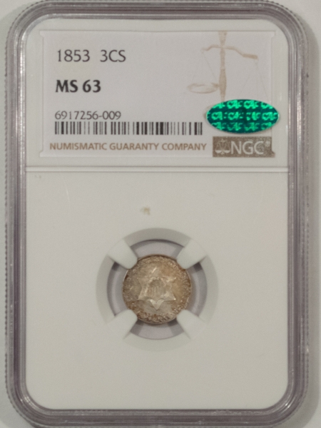 CAC Approved Coins 1853 THREE CENT SILVER – NGC MS-63, LUSTROUS & PRETTY! CAC APPROVED!