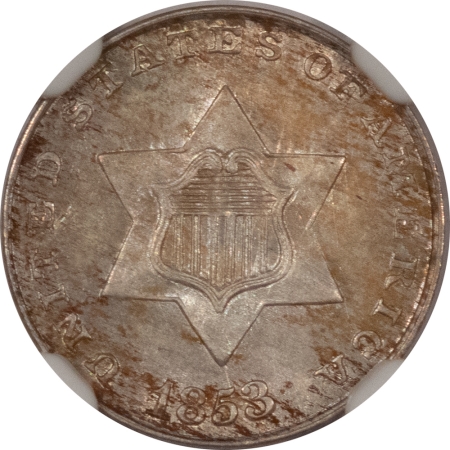 CAC Approved Coins 1853 THREE CENT SILVER – NGC MS-63, LUSTROUS & PRETTY! CAC APPROVED!