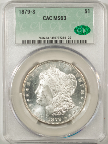 Dollars 1879-S MORGAN DOLLAR, CACG MS-63, BLAST WHITE & PQ! CAC!