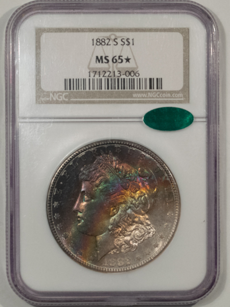 CAC Approved Coins 1882-S $1 MORGAN DOLLAR – NGC MS-65* STAR GORGEOUS RAINBOW TONING! CAC APPROVED!