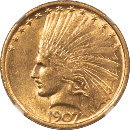 $10 1907 NO MOTTO $10 INDIAN GOLD EAGLE – NGC AU-58, FLASHY!