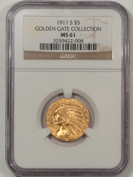 $5 1911-S $5 INDIAN GOLD HALF EAGLE – NGC MS-61, SUPER LUSTER & FRESH! TOUGH DATE!