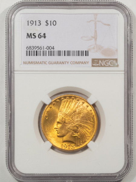 $10 1913 $10 INDIAN GOLD EAGLE – NGC MS-64, SMOOTH & LUSTROUS!