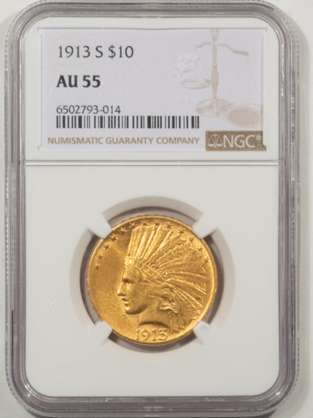 $10 1913-S $10 INDIAN GOLD EAGLE – NGC AU-55, TOUGH DATE, NICE SMOOTH SURFACES!