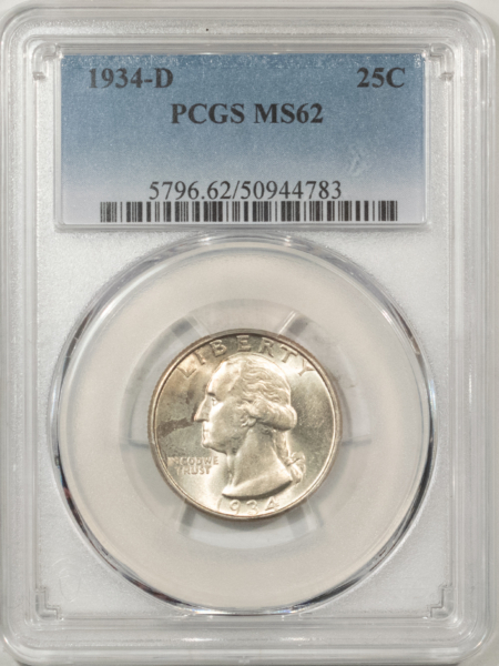 U.S. Certified Coins 1934-D WASHINGTON QUARTER – PCGS MS-62, FRESH & FLASHY, TOUGH DATE!