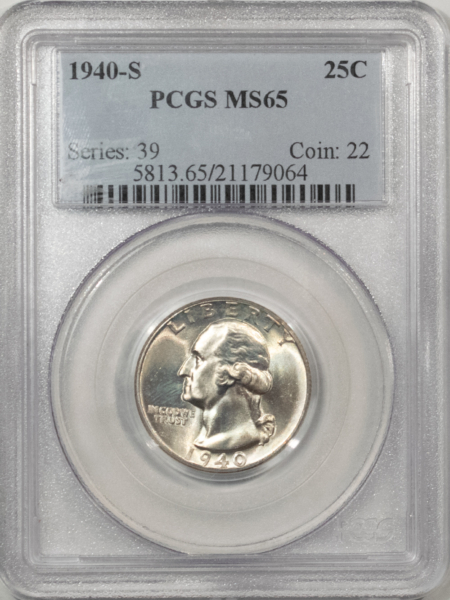New Certified Coins 1940-S WASHINGTON QUARTER – PCGS MS-65, LUSTROUS WHITE GEM!
