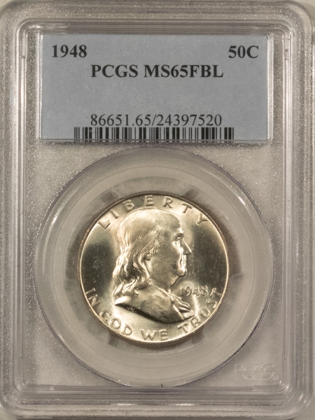 Franklin Halves 1948 FRANKLIN HALF DOLLAR – PCGS MS-65 FBL, A PREMIUM QUALITY GEM!