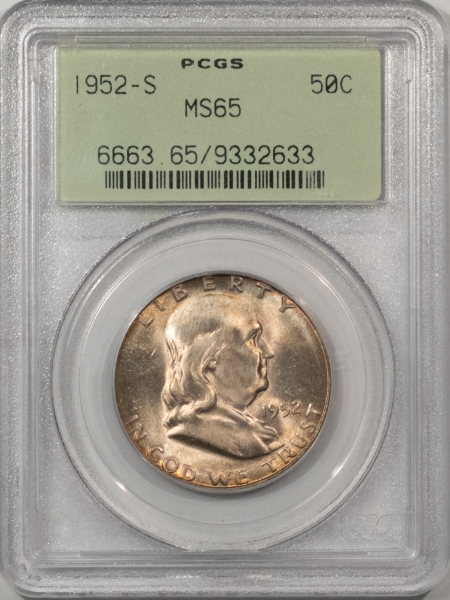 Franklin Halves 1952-S FRANKLIN HALF DOLLAR – PCGS MS-65, OLD GREEN HOLDER, ORIGINAL AND PQ!