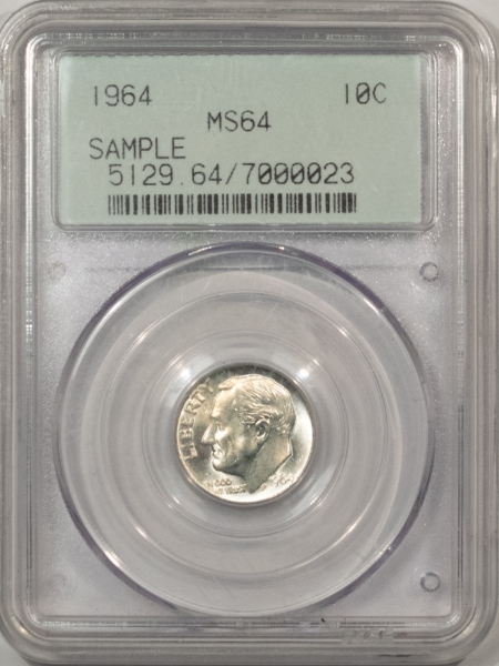 New Certified Coins 1964 ROOSEVELT DIME, SAMPLE – PCGS MS-64, OLD GREEN HOLDER!