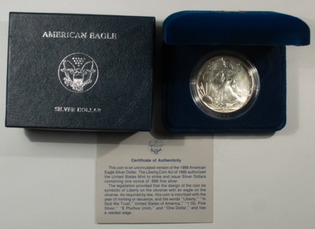 American Silver Eagles 1988 $1 AMERICAN SILVER EAGLE, 1 OZ, .999 – GEM BU WITH BOX AND COA!