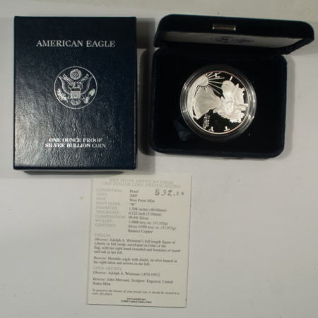 American Silver Eagles 2005 PROOF AMERICAN SILVER EAGLE 1 OZ SILVER BULLION COIN, FRESH GEM PR BOX/COA