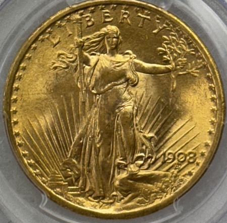 $20 1908 $20 ST GAUDENS GOLD DOUBLE EAGLE, NO MOTTO – PCGS MS-66
