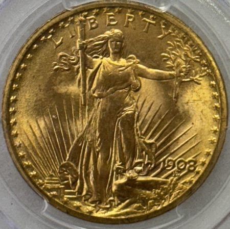 $20 1908 $20 ST GAUDENS GOLD DOUBLE EAGLE, NO MOTTO – PCGS MS-66