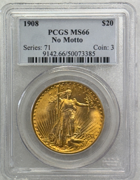 $20 1908 $20 ST GAUDENS GOLD DOUBLE EAGLE, NO MOTTO – PCGS MS-66