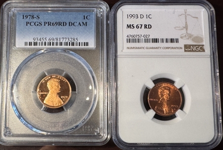 Lincoln Cents (Memorial) 1978-S, 1993-D LINCOLN CENTS LOT OF 2 COINS – PCGS PR-69 RD DCAM & NGC MS-67 RD