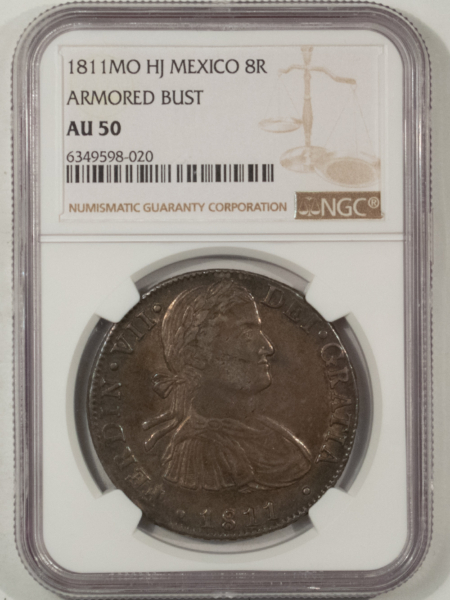 New Store Items 1811MO HJ MEXICO SILVER 8 REALES KM111 ARMORED BUST NGC AU-50 FERDINAND VII NICE