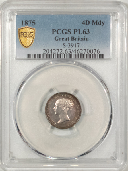 New Store Items 1875 GREAT BRITAIN SILVER MAUNDY 4 PENCE, S-3917 – PCGS PL-63, PRETTY!